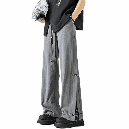 [TOWYYO]チャイナ服ズボンメンズチャイナボタン鶴柄パッチワーク薄手高見ロングパンツ大きいサイズ体型..