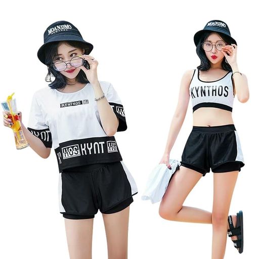 [Kayiyasu]水着レディースタンキニ3点セット体型カバー半袖オーバーTシャツショートパンツラッシュガードスポーツブラタンクトップ中学生水泳UVカット運動風高校生学生ママ普段着(Lホワ…