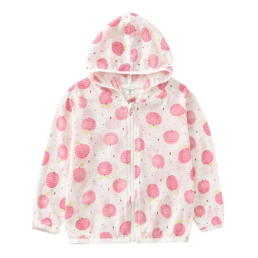 [POBIDOBY]子供用日焼け止め服薄手春夏UVカット冷房対策ラッシュガードこども用ジップアップパーカー女の子紫外線防止虫除け軽量可愛い普段着旅行通園(リンゴ90)