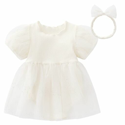 [ReegooPeter]ベビー服女の子ワンピースロンパースヘアバンドレースドレスセレモニー服綿100%夏服新生児服出産お祝いベージュ663-6ヶ月