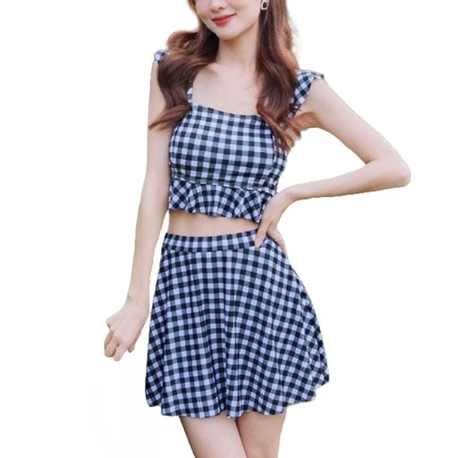 [MerelopCeto]水着レディース体型カバー2点セットビキニ可愛い露出控えめセパレートフリル小胸チェック水着韓国上下セット大人温泉プール海水浴お洒落みずぎプールビキニプールビーチ