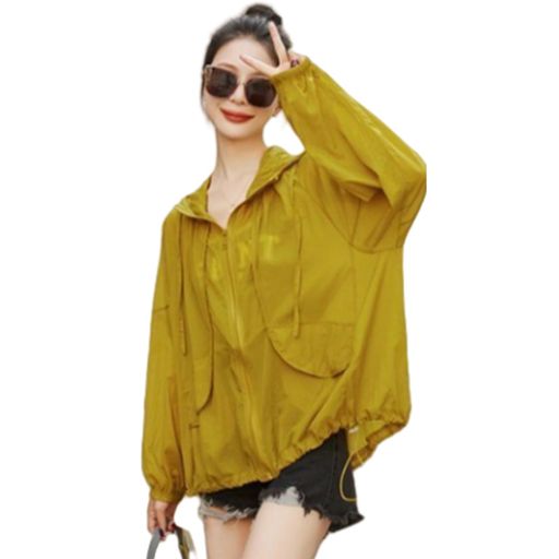 [Gdnelhuonox]パーカーレディースUVカットラッシュパーカー夏服日焼け止冷房対策フード付き前開きジッパードローコードオーバーウェア接触冷感紫外線対策無地薄手軽量速乾ゆったり夏