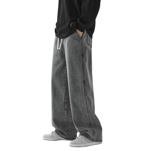 [netero]ワイドデニムパンツメンズジーンズ無地ジーパン調整紐イージーワイドパンツ秋冬春グレーJW110-..