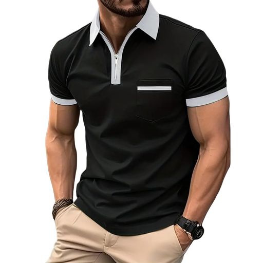 [HERLNY]ポロシャツメンズ半袖ジップアップVネック吸汗速乾無地カジュアルトップスゴルフウェアビジネ..