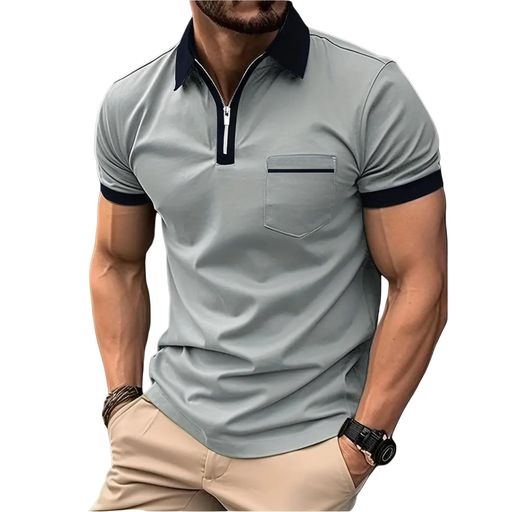 [HERLNY]ポロシャツメンズ半袖ジップアップVネック吸汗速乾無地カジュアルトップスゴルフウェアビジネ..