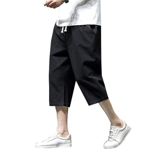 [Platilive]サルエルパンツズボンメンズミディアムパンツ七分丈大きいサイズゆったり綿麻調整紐無地カジュアルおしゃれパンツボトムスイージーパンツメンズ夏服black3XL