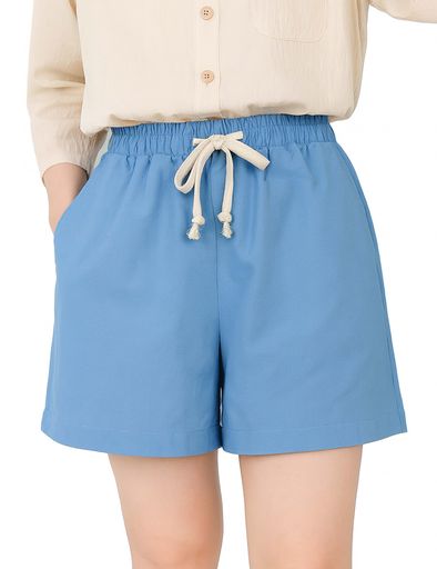 [Orolay]レディースショートパンツ短パンリネン風パンツルームウェア無地紐付きポケット綿100吸汗通気性きれいめ大きいサイズスポーツパジャマ部屋着テニスボトムス夏ブルー