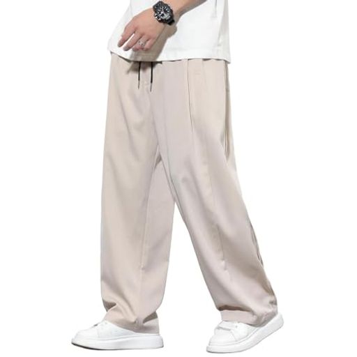 [HMT]ワイドパンツメンズズボン夏用ストレートパンツ冷感夏服ャンブレーずぼん大きいサイズボトムス上品ピンタックロング丈イージーぱんつゆったり春夏秋(JPアルファベットM#7:ベージュ)