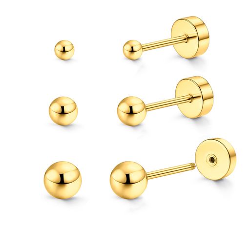 STJARNAつけっぱなしピアスネジ式3ペアセットボールサージカルステンレス金属アレルギー対応シンプルゴールド軟骨ピアス20G目立たないメンズレディース
