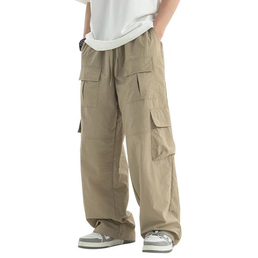 [FLYSHION]ワイドパンツメンズズボンアイスシルクパンツスラックスストリートパンツ接触冷感薄手涼しい..