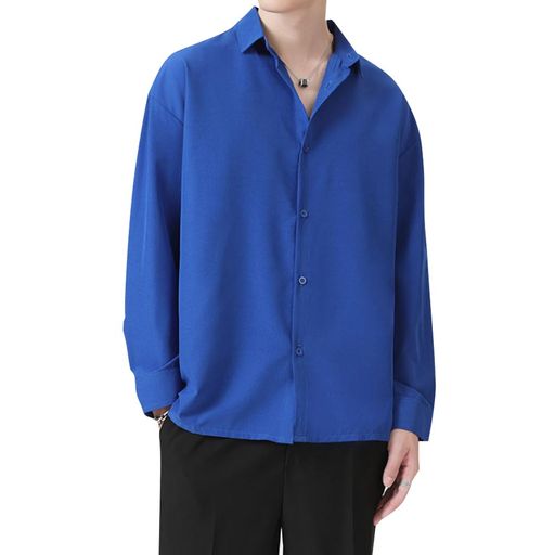 [GUTHONG]シャツメンズ半袖長袖夏服メンズ大きいサイズワイシャツカジュアル通気性シンプルオシャレゆったり柔らかい無地人気春夏秋メンズシャツshortdarkblue2XL