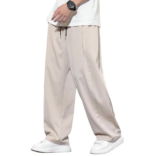 [HMT]ワイドパンツメンズズボン夏用ストレートパンツ冷感夏服ャンブレーずぼん大きいサイズボトムス上品ピンタックロング丈イージーぱんつゆったり春夏秋(JPアルファベットXL#7:ベージュ)