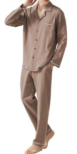 [Bellislove]パジャマメンズルームウェア綿長袖薄手前開き上下セットゆったり春夏秋吸汗通気快適シンプル肌に優しい柔らか軽量入院着部屋着寝間着(JPアルファベットMカーキ)