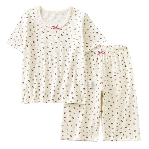 [HahaNice]子供服女の子パジャマキッズ半袖ルームウェア部屋着上下セットアップ綿夏服寝間着半ズボン五分丈ガールズ女児ジュニアクールネック寝巻き可愛い白地花柄150
