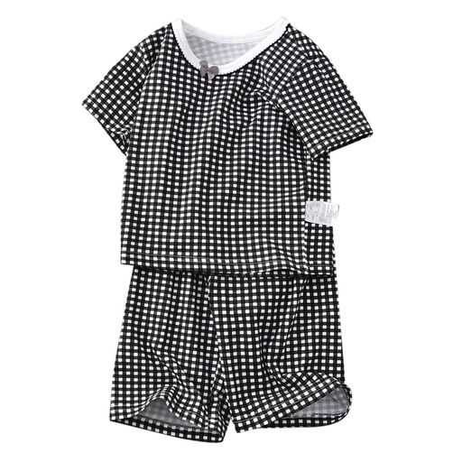 [HahaNice]子供服女の子パジャマキッズ半袖ルームウェア部屋着上下セットアップ綿夏服寝間着半ズボン五分丈ガールズ女児ジュニアクールネック寝巻き可愛い黒白チェック120