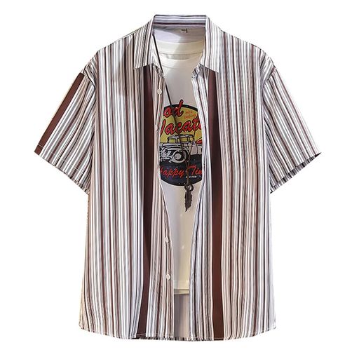 [Tenflow]シャツメンズ大きいサイズカジュアルシャツ半袖ワイシャツストライプ開襟ゆったり涼しい夏(XL..