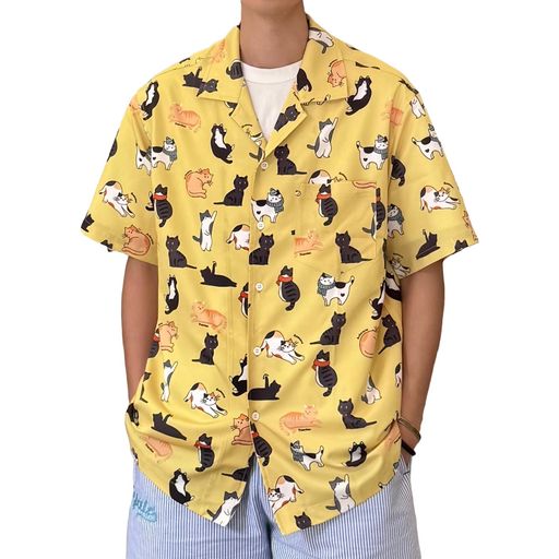 [CHANGEWELL]メンズ2025春夏カジュアルファッション夏服半袖開襟動物猫柄シャツ(YELLWOM)