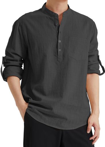 ヘンリーネックリネンシャツ長袖カジュアル:ブラック綿麻混紡速乾通気吸汗軽量麻綿リネンコットンリネンtスリムフィット2XLNL0014