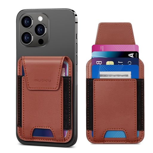 レザースマホカードケース用のiPhone15141312シリーズ、に適合するmagsafeカードケースプライバシーフラップカバー付き、13Mini/12Miniには対応していません、最大6枚のカードが入ります(茶)