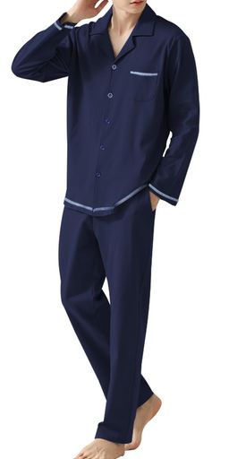 [Bellislove]パジャマメンズルームウェア綿長袖薄手前開き上下セットゆったり春夏秋吸汗通気快適シンプル肌に優しい柔らか軽量入院着部屋着寝間着(JPアルファベットXLブルー)