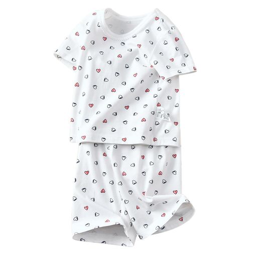 [HahaNice]子供服女の子パジャマキッズ半袖ルームウェア部屋着上下セットアップ綿夏服寝間着半ズボン五分丈ガールズ女児ベビークールネック寝巻き可愛いハート柄90