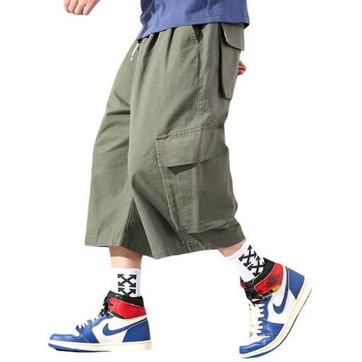 [YACORESYA(夜行列車)]メンズサルエルパンツ七分丈夏無地カーゴクロップドパンツミリタリーウェスト調..