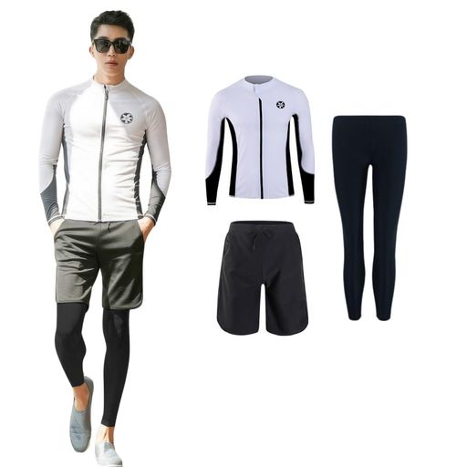 [wechose]ラッシュガード水着メンズ上下セットフィットネス水着3点セットジップアップ長袖前開きスイミングサーフパンツレギンスビーチ水泳パンツUVカットUPF50+温泉競泳通気性水陸両用