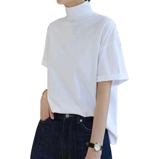 [MEMEXTRA]メメエクストラTシャツハイネック半袖レディースタートルネックtシャツ黒tシャツ夏無地五分袖大きいサイズ綿100白透けないカットソーゆったりおしゃれトップス涼しいカジュア…