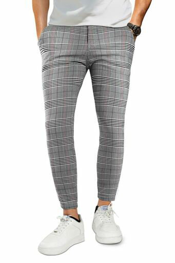 [GINGTTO]メンズスキニーパンツ冬チェックパンツスキニースリムズボンメンズグレー34