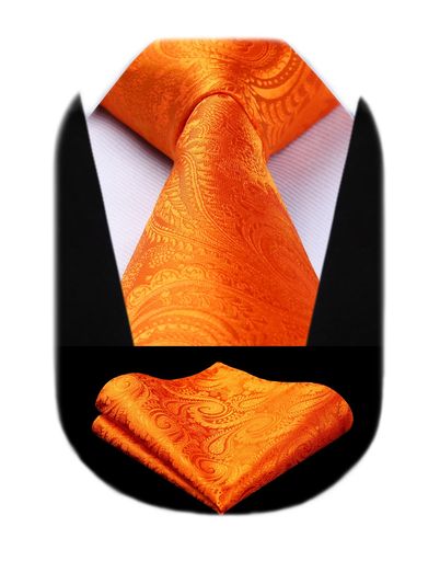 [Enlision]オレンジネクタイチーフペイズリー柄セットメンズシルク結婚式二次会冠婚葬祭高級TP942N8SEF..