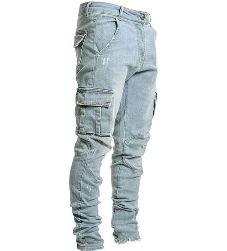 [Ffasnlido]デニムパンツメンズスキニージーンズカーゴパンツストレッチ大きいサイズM-3XLボタン付きコットン春夏秋カッコいい(ブルーAM)