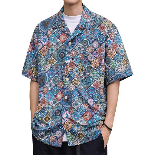 [CHANGEWELL]メンズ2023SSストリートファッション夏服【万華鏡柄プリント】開襟総柄カジュアルゆったり..