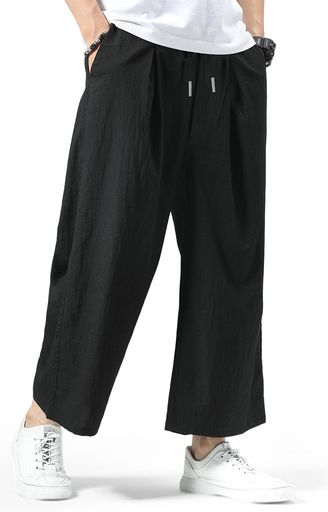 [NEWHEY]ズボンメンズ9分丈冷感前開きサルエルパンツメンズ大きいサイズ通気性ワイドパンツゆったりボトムス涼しいカジュアル黒L