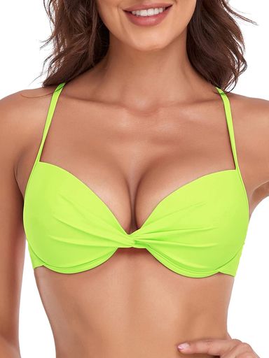 [RELLECIGA]レディースネオングリーンビキニトップツイストフロントアンダーワイヤー水着サイズ:S