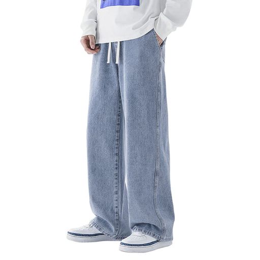 [netero]ワイドデニムパンツメンズジーンズ無地ジーパン調整紐イージーワイドパンツ秋冬春水色JW110-LB..