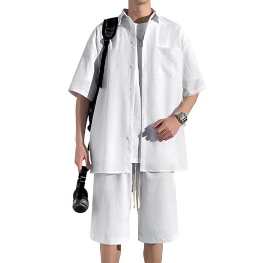 [FUZHIHUA]夏服メンズ涼しい部屋着シャツ半袖上下セットトップスハーフパンツショートパンツカジュアル大きいサイズ無地速乾性柔らかい軽いメンズtシャツ