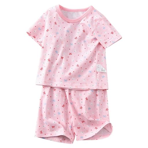 [HahaNice]子供服女の子パジャマキッズ半袖ルームウェア部屋着上下セットアップ綿夏服寝間着半ズボン五分丈ガールズ女児ジュニアクールネック寝巻き可愛いピンクラビット130