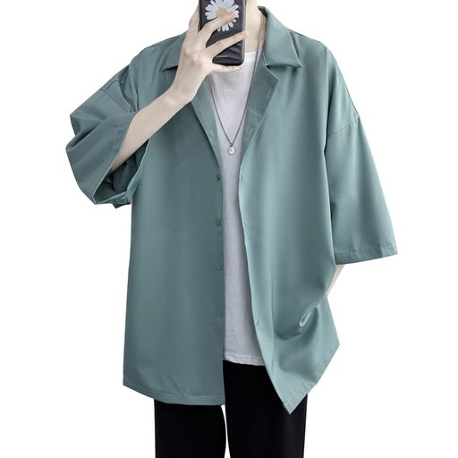 [foxseon]シャツメンズ五分袖吸汗速乾快適な軽いオーバーサイズシャツワイシャツ韓国ポロネック大きいサイズ春夏派手ストリート系ドロップショルダー無地夏半袖ワイシャツBluegrey-M