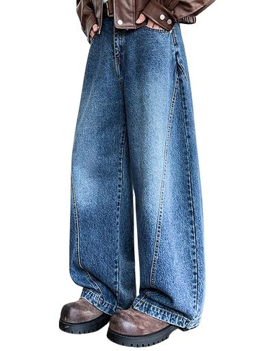 [WINROMTICO]ジーンズメンズカーブデニムゆったりワイドデニムパンツルーズイージー大きいサイズボタン..