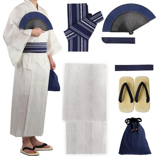 [TOuWA]浴衣セットメンズ7点セット(男性浴衣ワンタッチ角帯信玄袋腰紐扇子扇子入れクッション雪駄)大き..
