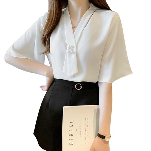 [GlamollaMisse]レディースサマーシフォンブラウス半袖パフスリーブVネックカジュ...