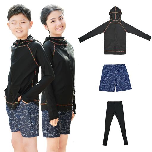 [ARMOTO]ラッシュガードキッズ水着男の子女の子子供用3点セット長袖ラッシュガードトレンカサーフパンツUPF50+