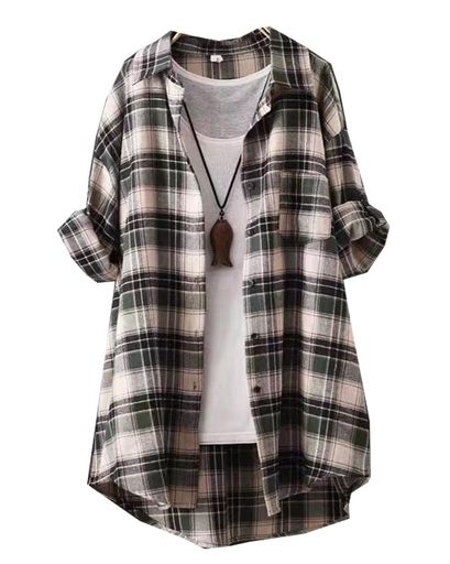 [Chiengmat]レディースシャツチェック柄ロングシャツカジュアルロングラインルーズフィットゆったり大..