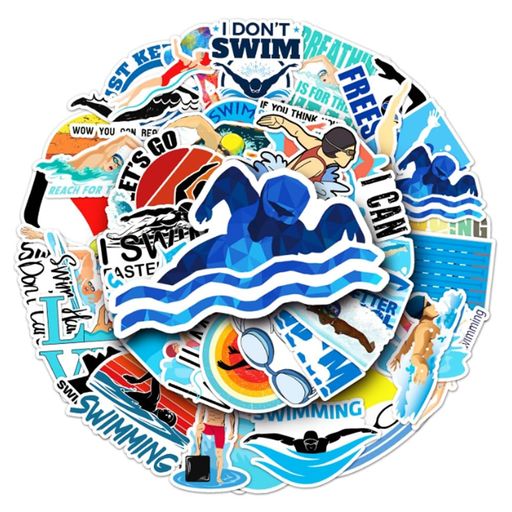 水泳シールスポーツ水泳シール50枚、ノートパソコン、バンパー、スケートボード、ウォーターボトル、パソコン、携帯電話用ビニール防水シール(スイミング)
