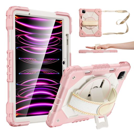 MAGICJOHNiPadPro(第1/2/3/4世代)/iPadAir(第5/4世代)用ケース重型三層保護頑丈耐衝撃耐久性傷防止肩紐付き360°回転可能なスタンドローズ