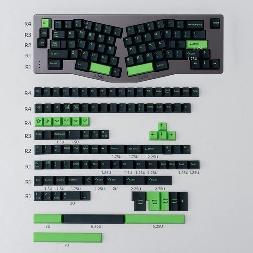 WAVE ブラックグリーンキーキャップチェリープロファイル DOUBLESHOT 173キー カスタムISO ANSIキーキャップセット60% 65% 70% 75% CHERRY GATERON MXスイッチ用 メカニカルゲーミングギア