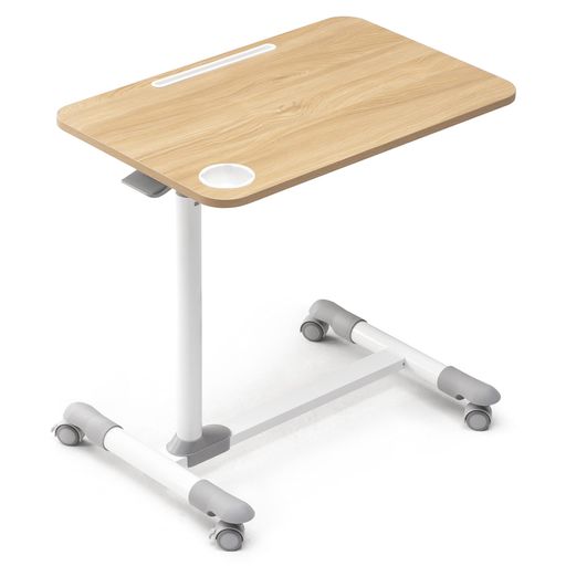 ETHUサイドテーブルガス圧昇降式ベッドサイドテーブル無段階高さ調節介護用ベッドテーブルドリンクホル..