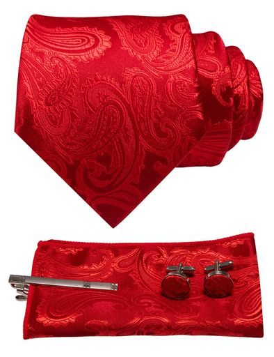 [JEMYGINS][ジェミギンズ]メンズネクタイ赤ペイズリー柄ピンカフスボタンチーフビジネス就活結婚式入学..