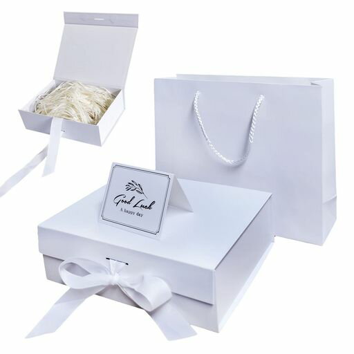 Ousaliyeaホワイトギフトボックス蓋付き磁気プレゼントボックス23x17x7cmギフトバッグリボン付き細断紙グリーティングカードクリスマス結婚式誕生日用高...