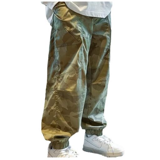 [KISBINI]キッズカーゴパンツ男の子長ズボンロングパンツ薄手軽量涼しいひんやりクールマックスジュニアカジュアル通気柔軟ウェストゴムスポーツウェアカッコイイカモフラージュ迷彩緑120